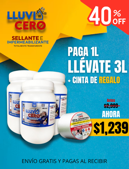 Lluvia Cero Impermeabilizante 3 LITROS + CINTA TAPAGOTERAS